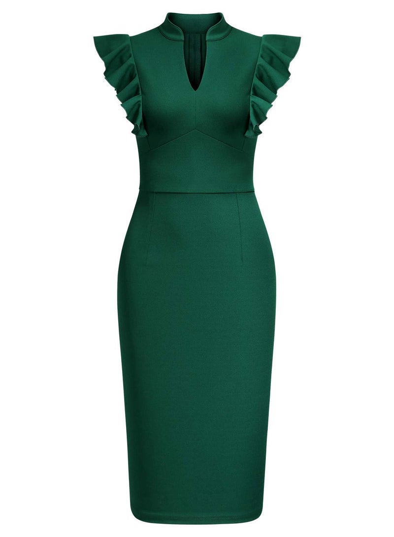 Knitee Women's Vintage Ruffle Sleeve V-Neck Bodycon Evening Party Cocktail Pencil Sheath Dress (Dark Green, X-Large) - Image 5